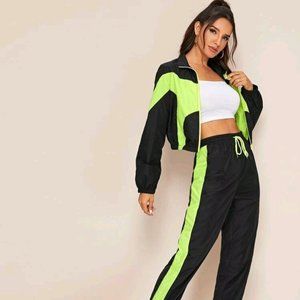 Neon Cut-and-Sew Zipper up windbreaker Top and Pant Set
